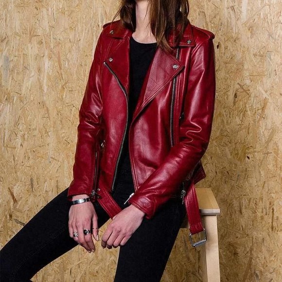 Red Moto Jacket - Belted - Urban - Trendy - Elegant - Asymmetric Zip Front - Picture 6 of 10